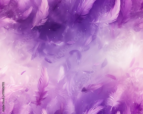 Serene gradient from soft lavender to rich violet, featuring floating, ethereal white feathers