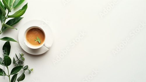 Cup of herbal tea on white surface with green leaves nearby photo