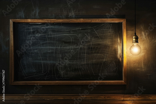 An image of a bright light bulb hanging next to a blackboard - Generative AI