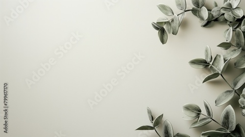 Green leaves arranged at edge of plain off-white background photo