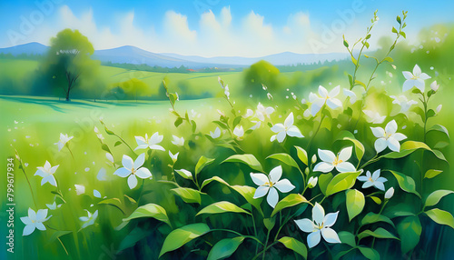 A watercolor painting of a spring landscape with blooming jasmine flowers and a green meadow under a blue sky.