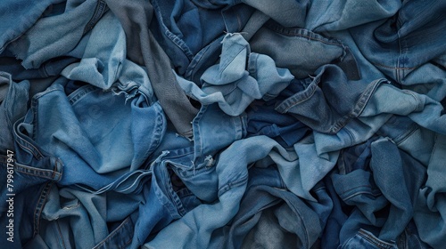 A pile of blue denim fabric with a variety of textures and patterns. Concept of creativity and resourcefulness, as the fabric is being repurposed into something new