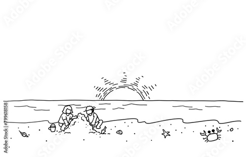 浜辺で遊ぶ子どもたちの線画イラスト　白黒