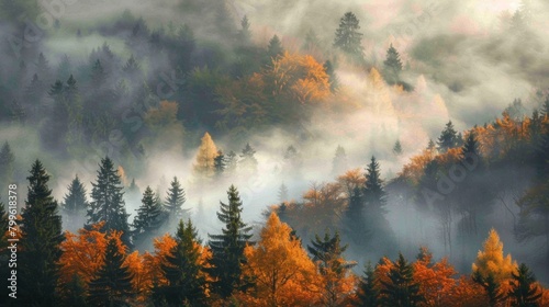 A forest with trees covered in fog and leaves.