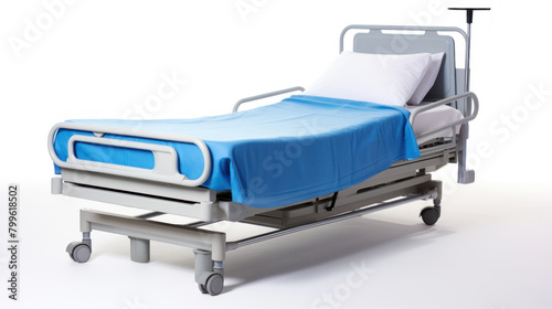 A hospital bed with a blue sheet and a white pillow.