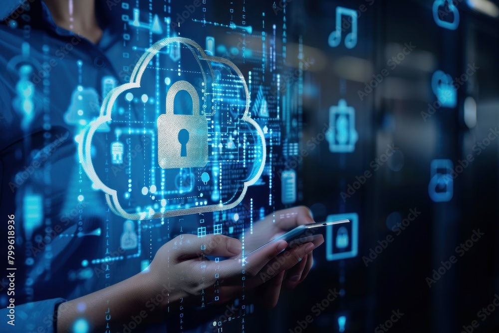 A woman is touching a cloud with a key on it. A woman is touching a cloud with a key on it.