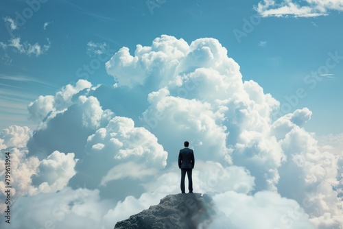 A man stands on a mountain top  looking up at the sky. The sky is filled with clouds  creating a sense of awe and wonder. The man s gaze is focused on the clouds