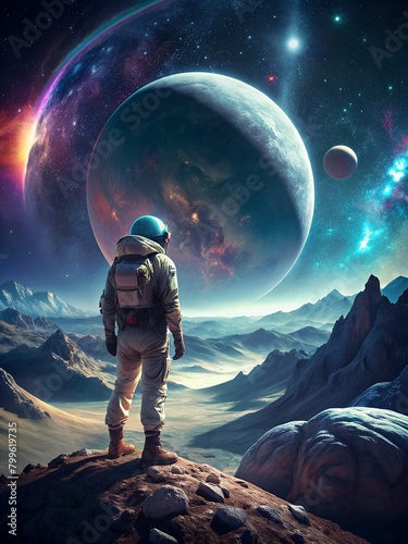 a man in a space suit stands on a mountain with a planet in the background.