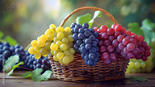 several Different Colors Bunchs of Grapes in a basket on table kitchen, Fruit Day, Generative Ai