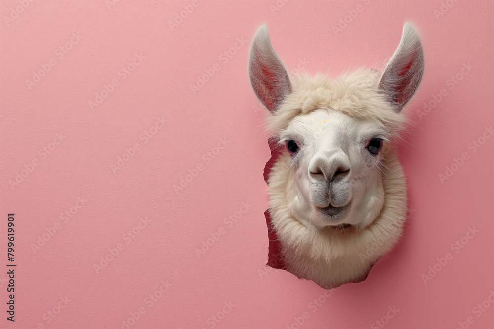 Fototapeta premium Spring White Llama peeking through a hole on Pastel pink paper wall with copy space. Generative AI