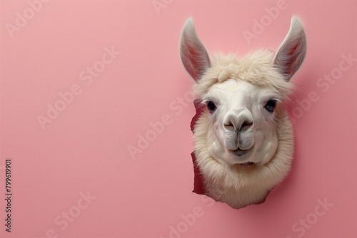 Spring White Llama peeking through a hole on Pastel pink paper wall with copy space. Generative AI photo
