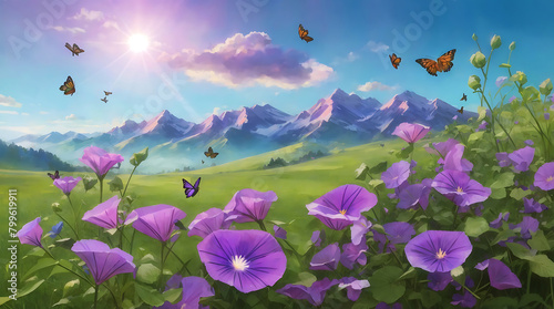 A field of purple morning glories on a gradient green grass with butterflies flying around.