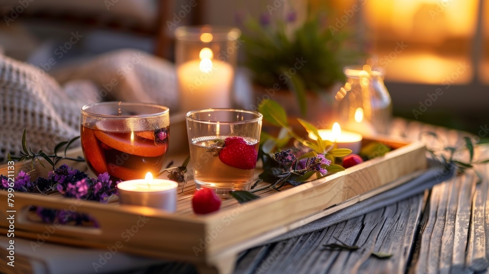 A wooden tray holds an assortment of herbal teas and fresh fruits inviting guests to indulge in a healthy and rejuvenating treat while basking in the candlelight. 2d flat cartoon.