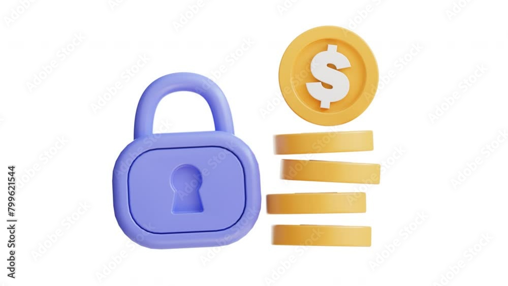 3D Icon Animation Stacks of coins with a lock and dollar sign. Transparant Background. Alpha Channel. Suitable for financial security, savings, investments, budgeting, and financial concepts.