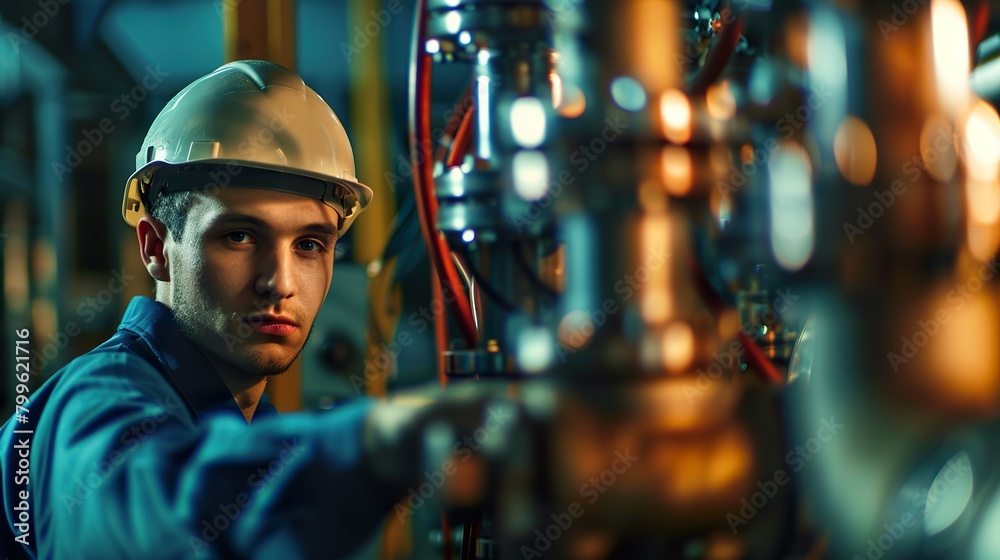 portrait photo of a fresh graduate mechanical engineer in a safety helmet, conducting equipment inspections and troubleshooting mechanical systems