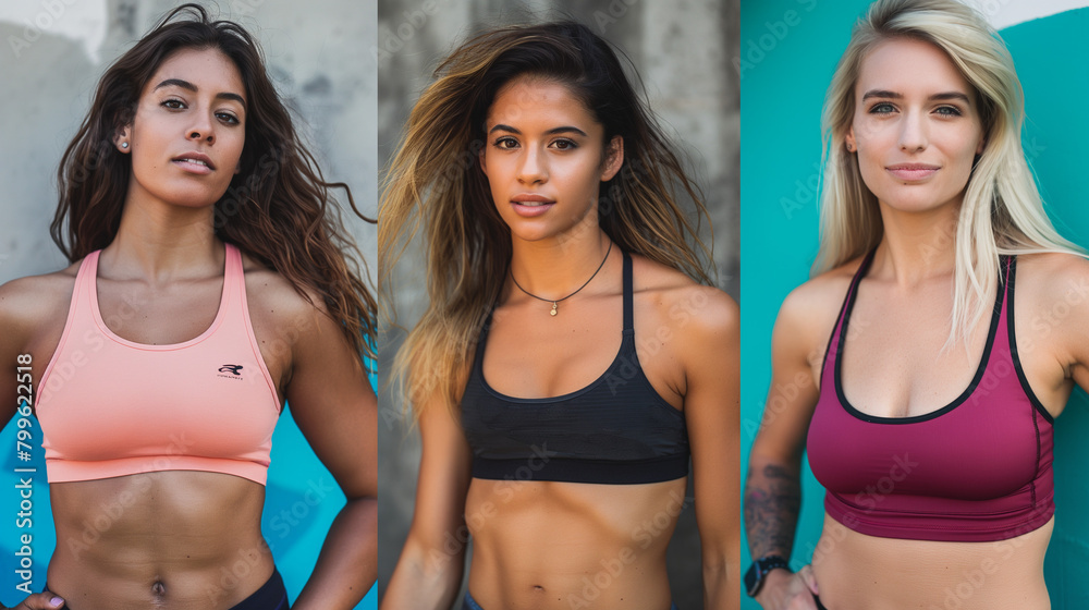 Three women are showcasing fashion design by wearing stylish sports bras that accentuate their chest and waist, perfect for summer or swimwear looks