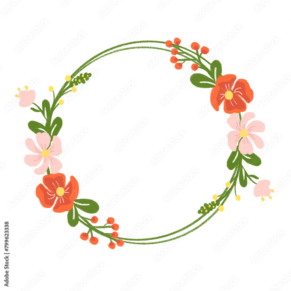 Handdrawn wreath of pink and red flowers