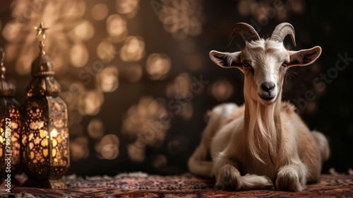 Illustration of a goat, the sacrificial animal of Muslims on the Eid al-Adha holiday, with an Islamic decorative ornamental background. photo