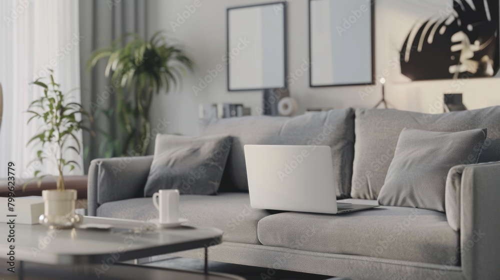 Fototapeta premium Modern living room interior with gray sofa and laptop. generative AI image