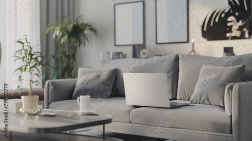 Modern living room interior with gray sofa and laptop. generative AI image © wikkie