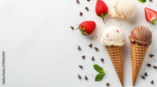 Ice cream cones strawberry, vanilla, and chocolate on white background, copy space. generative AI