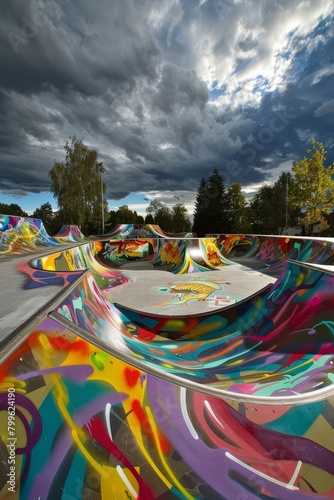 A skate park transformed into a canvas for street artists, with vibrant murals adorning the ramps and walls, Generative AI © ManusiaIkan