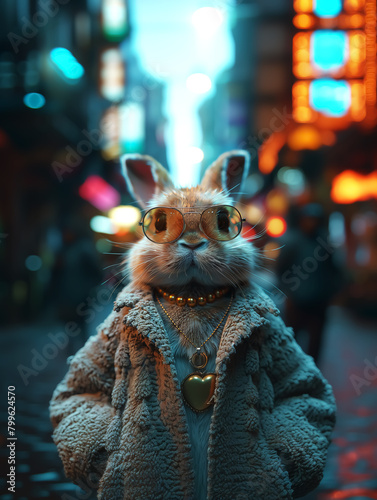cute rabbit wearing sunglasses, cool bunny wearing gold necklace. Wall Art Design for Home Decor, 4K Wallpaper and Background for desktop, laptop, Computer, Tablet, Mobile Cell Phone, Smartphone