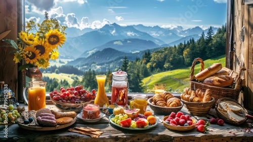 Portrait of menu breakfast and fruits on table traditional restaurant with mountain view.