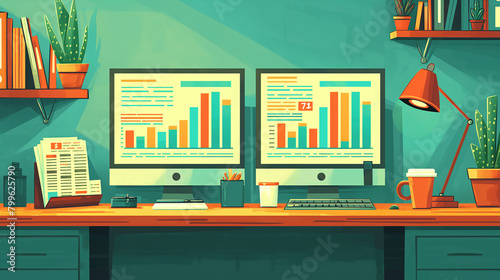 Retro-Styled Illustrated Trader's Desk with Market Data Charts on Dual Monitors - Creative Office Concept