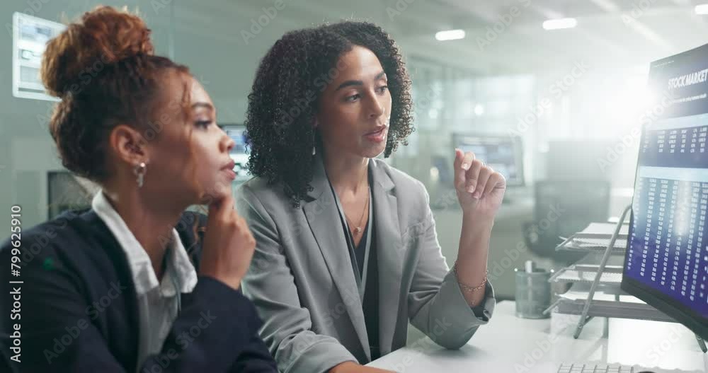 Women in meeting, computer screen and stock market with dashboard, collaboration and investment stats online. Analyst for data analysis, information and numbers with graph and trading team review
