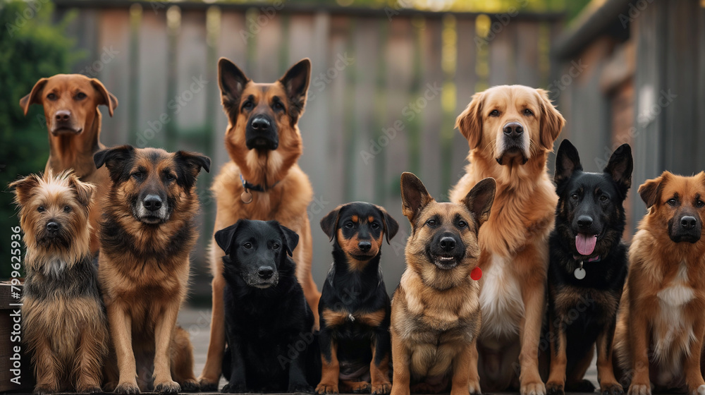 A row of companion dogs, each with a different dog breed, sit together sharing the space. Their snouts and carnivorous nature remind us they are working animals in the sporting group A row of companion dogs, each with a different dog breed, sit together sharing the space. Their snouts and carnivorous nature remind us they are working animals in the sporting group