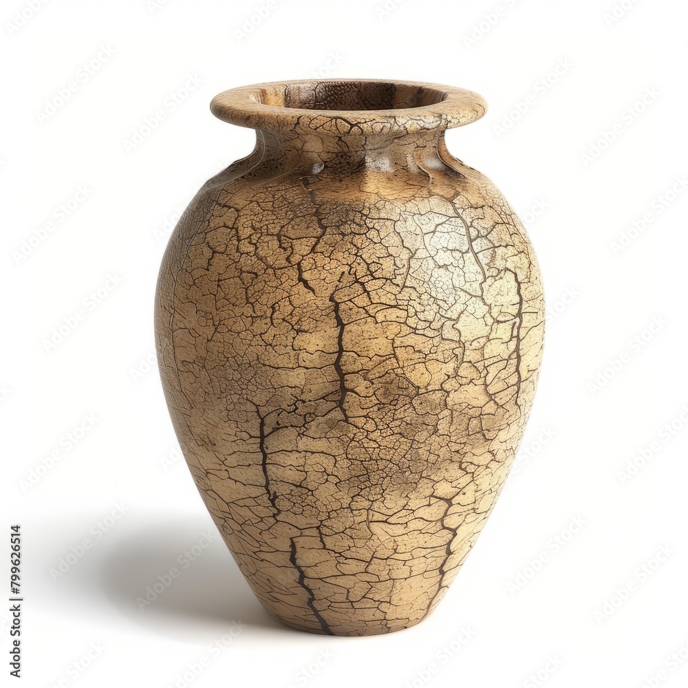 3D Render of a textured clay vase with a crackle glaze finish, on isolated white background, Generative AI
