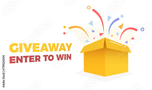Gift box package exploding in confettis vector illustration, giveaway enter to win text. Contest with prize and rewards banner