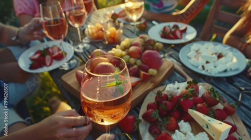 A group of friends sit outside on a warm summer night enjoying glasses of chilled nonalcoholic rosÃ© wine and platters of fresh fruits and creamy ricotta cheese.