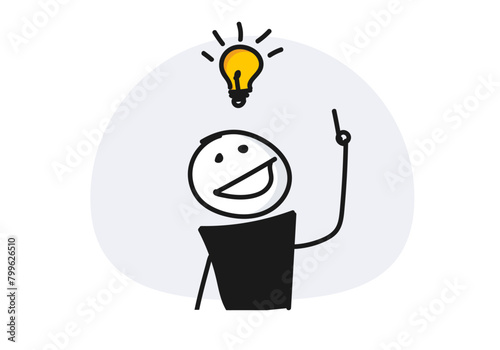 Smiling character having an idea with lightbulb above head and index finger pointing up. Vector illustration