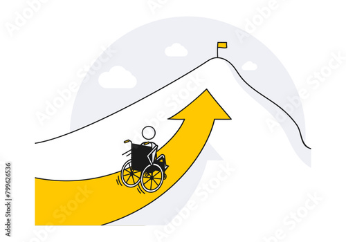 Character in a wheelchair climbing mountain with arrow pointing to the peak with a flag. Vector illustration for disabled person motivation, activity and success