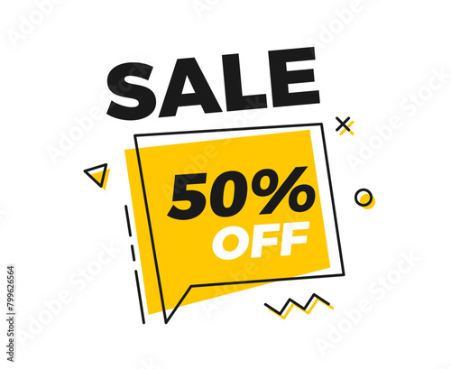 Sale 50% off text in a geometric speech bubble. Vector graphic element banner sticker