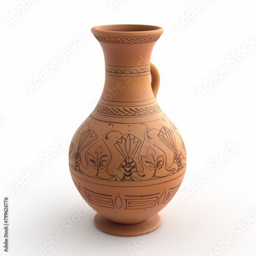 3D Render of a traditional clay vase inspired by ancient pottery designs, on isolated white background, Generative AI