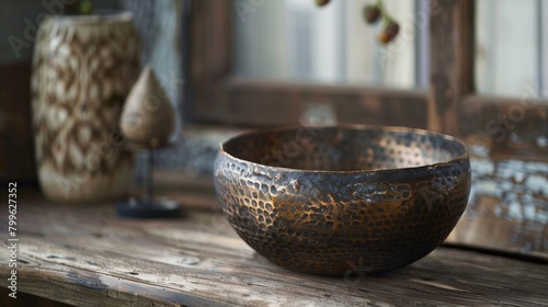 An angled view of a ceramic pot with a hammered metal finish bringing an element of rustic charm to the piece..
