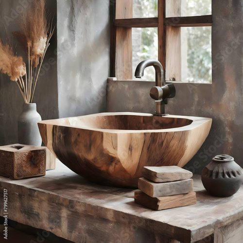 sink.a selection of rustic wooden sink designs that exude warmth and character. Each design should incorporate reclaimed wood or distressed finishes, creating a rustic-chic aesthetic that complements 