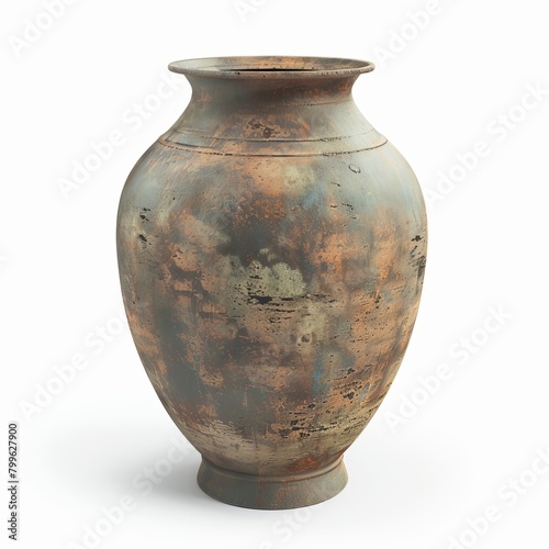 3D Render of a vintage-inspired clay vase with an antique patina and distressed finish, on isolated white background, Generative AI