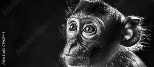 An adorable primate with big expressive eyes looks curious and cute in a grayscale image photo