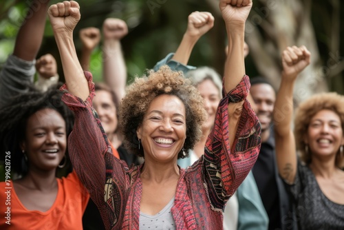 Group of diverse women raising their arms in the air with a happy expression