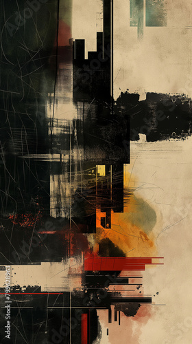 Modern digital painting representing an abstract cityscape with layered textures