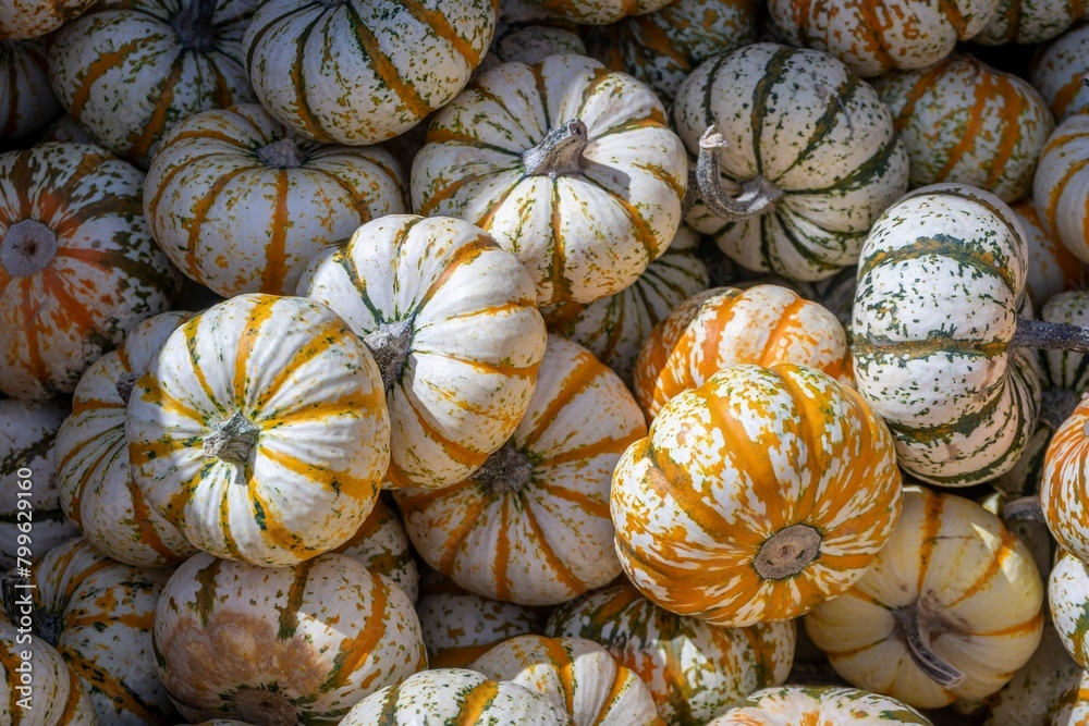 An assortment of orange and white gourds and pumpkins assembled in a stack at a Fall Harvest Festival in rural Virginia.