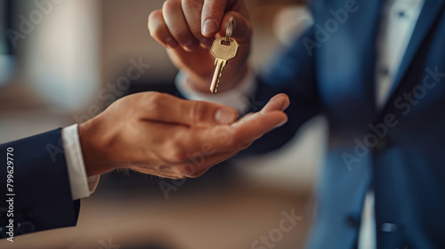 Hands of a real estate agent handing a key to a client, insurance agent hands over the house keys.