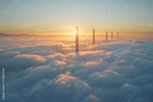 A wind farm rises above a thick blanket of morning fog photo