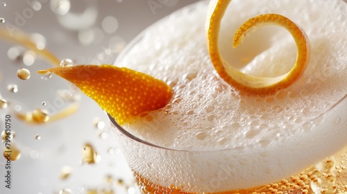 A closeup of a drink being poured frothy foam at the top with a twist of citrus peel garnishing the rim.