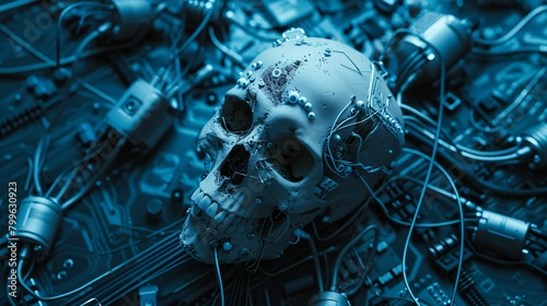 A skull with a glowing blue circuit board background.