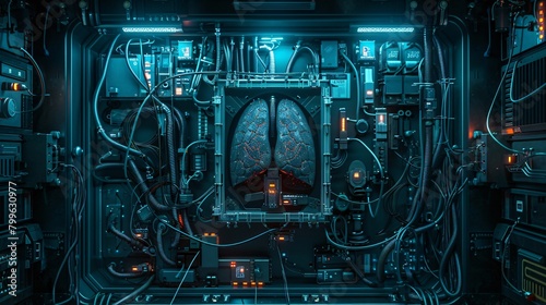 A steampunk mad scientist's laboratory with a lung in a central control block. photo